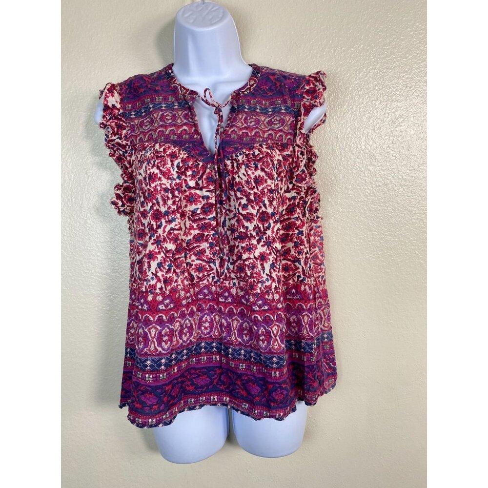 Lucky Brand Womens Ruffle Sleeve Floral Boho Top size Medium Modal Peasant